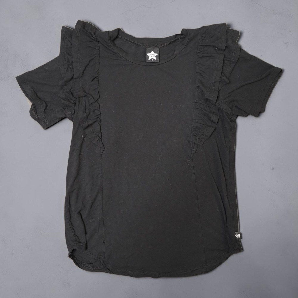 Pixie Lane KT7138 Ruffle Trim Short Sleeve Tee Rayon Black Size 8 Girls Casual